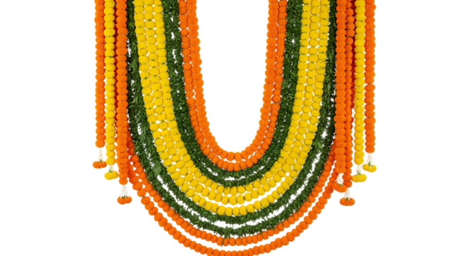 Vibrant floral garland arrangement with orange, yellow, and green blossoms