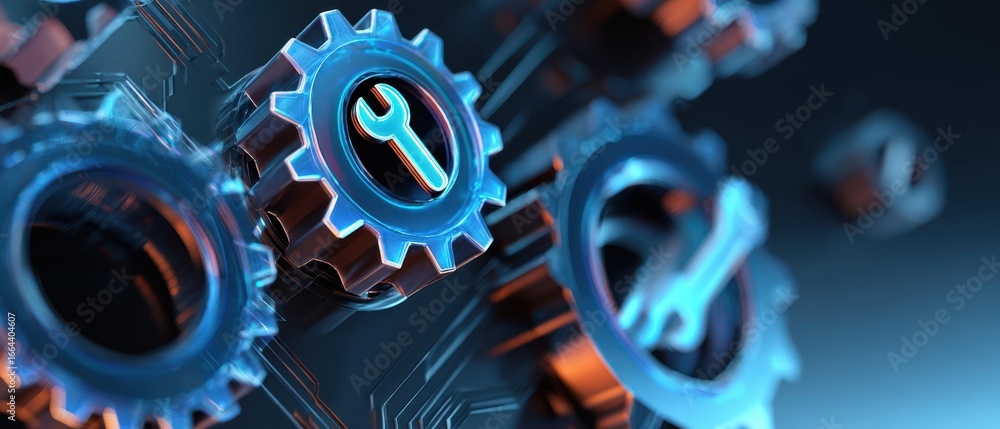 Poster the gears on a futuristic circuit board symbolizing technology maintenance and automation