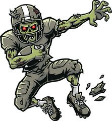 A grotesque zombie football player running with the ball, showing decaying flesh and a menacing stare.