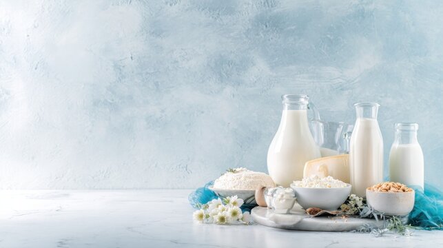 Assorted dairy products arranged on a marble surface, highlighted by cool overhead lighting.