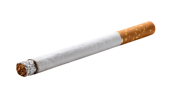 Burning cigarette with ash detail, ready for use