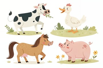Fototapeta premium Cute cartoon farm animals including cow horse pig and goose in a field