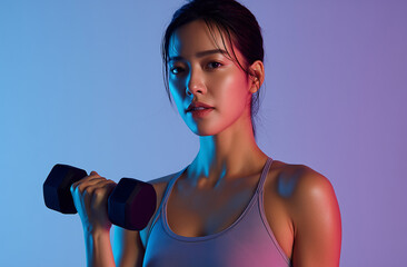 Korean woman training with dumbbell under neon purple and blue lighting