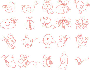 Cute Doodle Animals and Insects Line Art Collection. Hand drawn doodle set of cute birds, bees, butterflies, and ladybugs in simple line art style, perfect for kids illustrations, greeting cards, and 