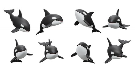 Orcas in different poses on isolated white background