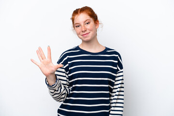 Young reddish woman isolated on white background counting five with fingers