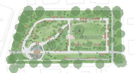 Fototapeta premium Aerial view of a detailed park design schematic with benches, trees and people