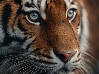 Striking close-up of a tiger showcasing its unique blue eyes and majestic fur in a natural setting