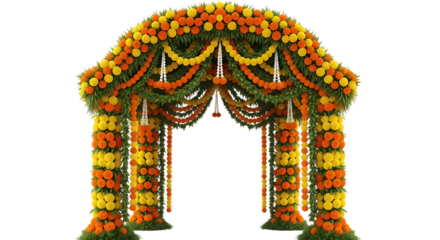 Vibrant ceremonial entrance adorned with marigolds and verdant foliage designs