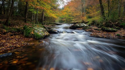 Autumnal forest stream with flowing water and colorful foliage.