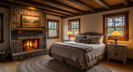Cozy Bedroom with Fireplace, Rustic Decor, and Warm Lighting for Relaxation