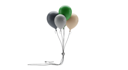 Three matte high-tech industrial balloons (gray, green, beige) with subtle instrumentation and braided cords, slowly ascending in a transparent studio. Scientific monitoring concept