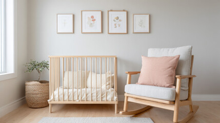 Cozy nursery room featuring a wooden crib and rocking chair, adorned with pastel decor.