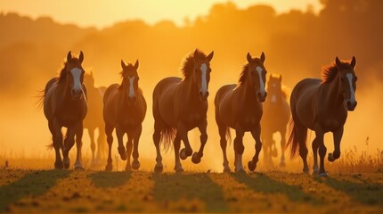 Fototapeta premium Group of Brown Horses Running at Sunset in Open Field