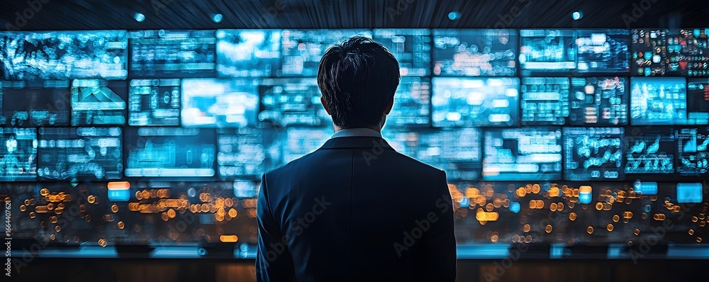 Aufkleber man monitoring global communication technology in a high tech control room