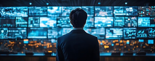 Man monitoring global communication technology in a high tech control room