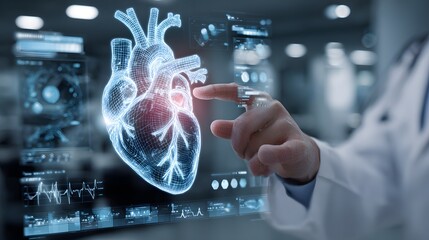 Doctor analyzing heart hologram futuristic interface medical technology cardiology research innovation health
