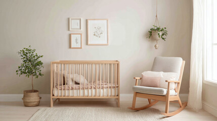 Cozy nursery room featuring a wooden crib and rocking chair, adorned with pastel decor.