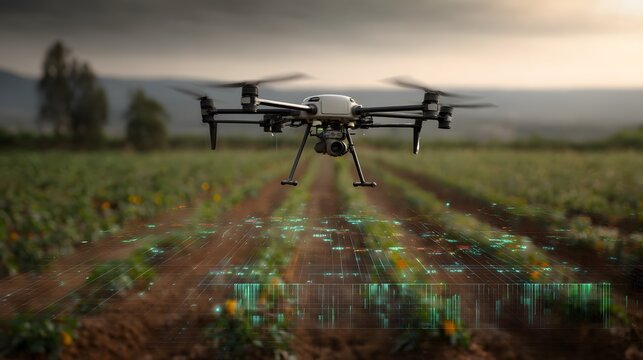 Agricultural drone flying over farm field for crop monitoring and analysis of plant health data
