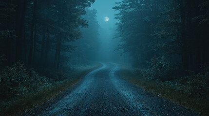 Obraz premium A mystical forest, cloaked in an ethereal veil of fog, stretches out under the silvery gaze of a moon bathed in an otherworldly glow. Asphalt roads snake through the mist-laden canopy, casting 