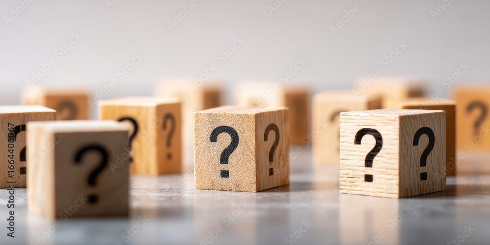 Poster the wooden blocks with question marks representing uncertainty, choice, and problem solving