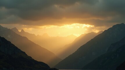 Sunset Over Mountain Valley with Dramatic Cloudy Sky and Golden Light