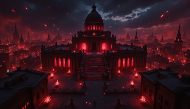 An enchanting urban landscape at dusk featuring majestic clock tower standing tall against the evening sky with vibrant red traffic light illuminating the quiet city street below