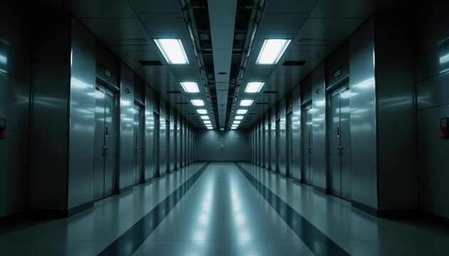 Expansive architectural perspective of long modern building corridor featuring row of sleek elevators polished flooring and minimalist interior design creating futuristic atmosphere
