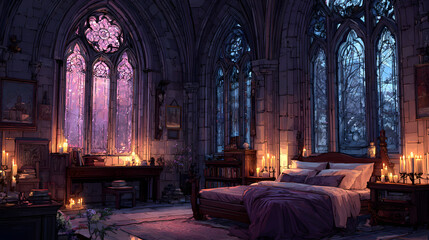 A gothic bedroom with a large bed, a desk, and windows with stained glass. The walls are adorned with candles and artwork.