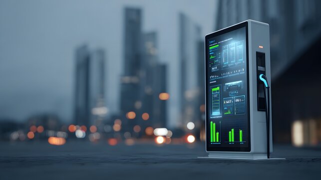 Electric vehicle charging station ev charger with digital display in urban city landscape future energy