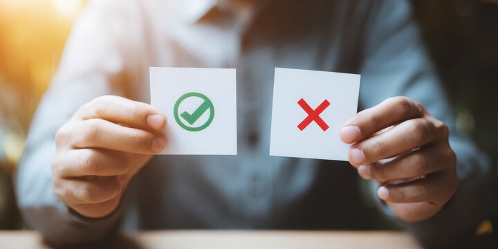 The Cards Showing Green Checkmark and Red Cross for Decision Making