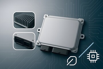 EV Power Electronics Control Unit-ECU with Heat Sink Fin Feature and Connector Port Detail in Blue Futuristic Layout