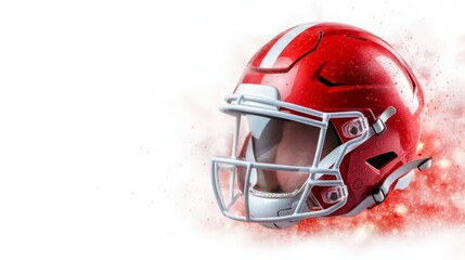 Fototapeta premium Dynamic close up of modern football helmet poised against striking red and white abstract background symbolizing athletic power competition and team spirit in sports