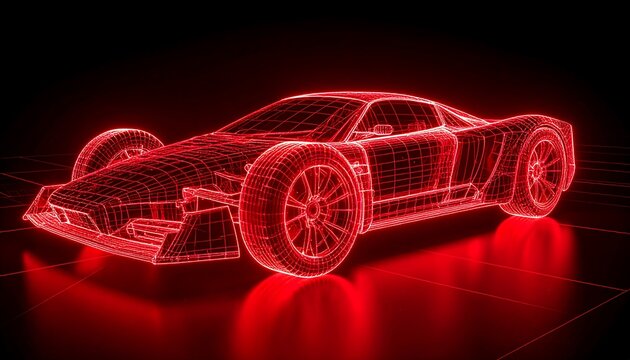 A futuristic, glowing red wireframe sports car model dominates a dark, reflective surface.