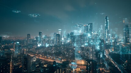 Fototapeta premium Futuristic city skyline at night with drones aerial view of urban landscape cityscape and modern technology