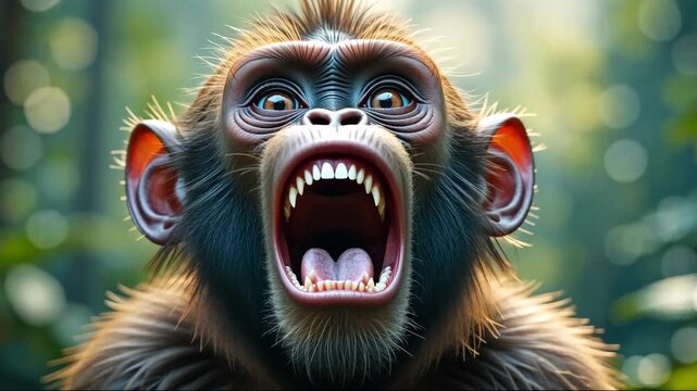 Close-up of screaming monkey with wide open mouth and sharp teeth against blurred natural background. Concept of wild animal aggression