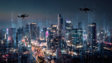 Obraz premium Aerial drone photography of cityscape at night with illuminated buildings and modern technology concept view