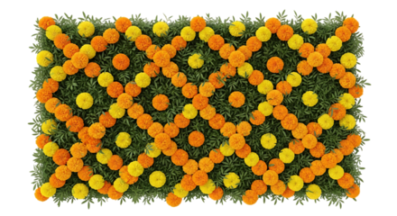 Vibrant floral tapestry with interweaving marigold chains and lush greenery