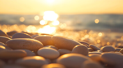 Obraz premium Beach landscape with golden sunlight and smooth stones