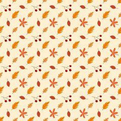 seamless pattern with cherries and autumn leaves