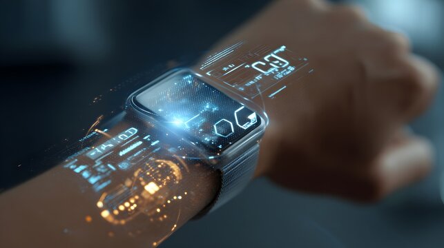 Futuristic smartwatch technology concept innovation wearable device digital interface display holographic projection