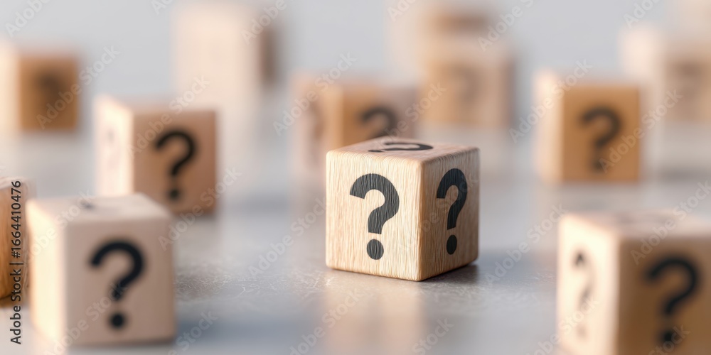 Poster the wooden question mark block surrounded by blurred blocks symbolizing uncertainty and choice