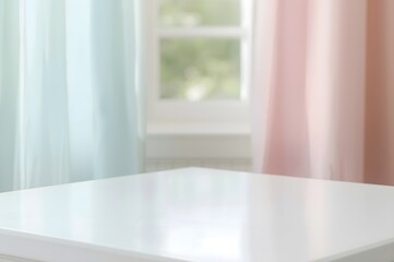 White table top on blurred pastel background of curtained window.