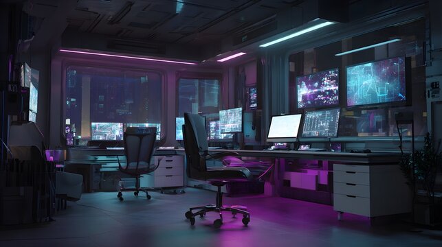Cyberpunk control room interior design futuristic office workspace with multiple computer screens setup