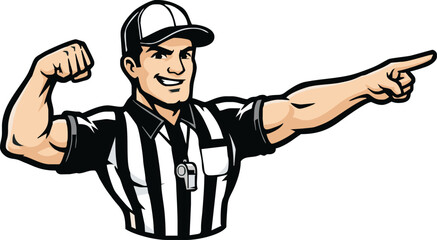Cartoon referee with a striped shirt, cap, and whistle, pointing to the right and flexing his bicep with a smile.