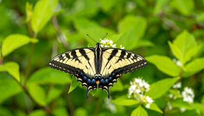 A swallowtail butterfly rests gracefully on a cluster of small, white flowers, surrounded by lush green foliage.