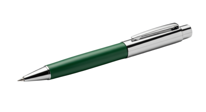 Sleek forest green technical drawing pen, silver cap, horizontal, sharp nib, on transparent background, crisp shadow, macro, concept of precision drafting tools