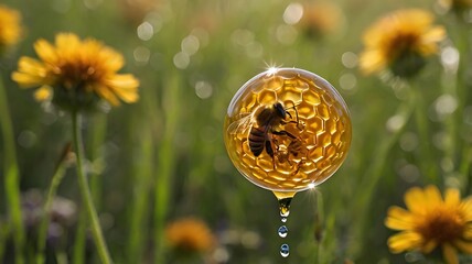 A bee inside a honey bubble with water droplets surrounded by yellow flowers in a green field