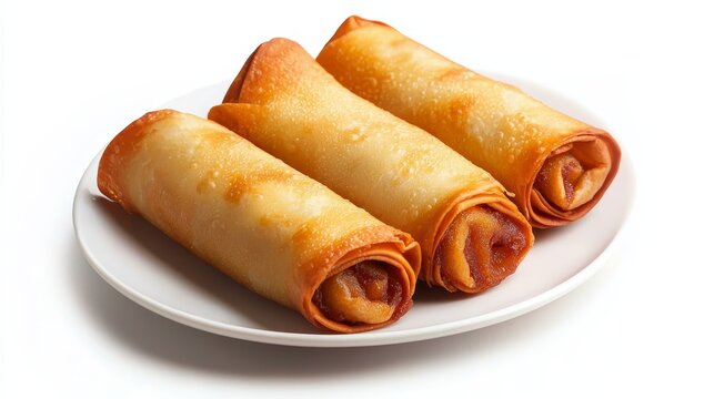 Three crispy golden brown spring rolls are arranged side by side on simple white plate