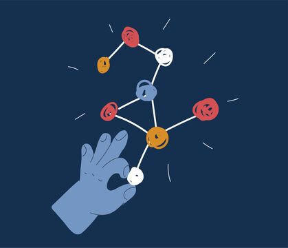 Cartoon vector illustration of a hand linking stars into a constellation, symbolizing imagination, destiny, and forming meaningful connections